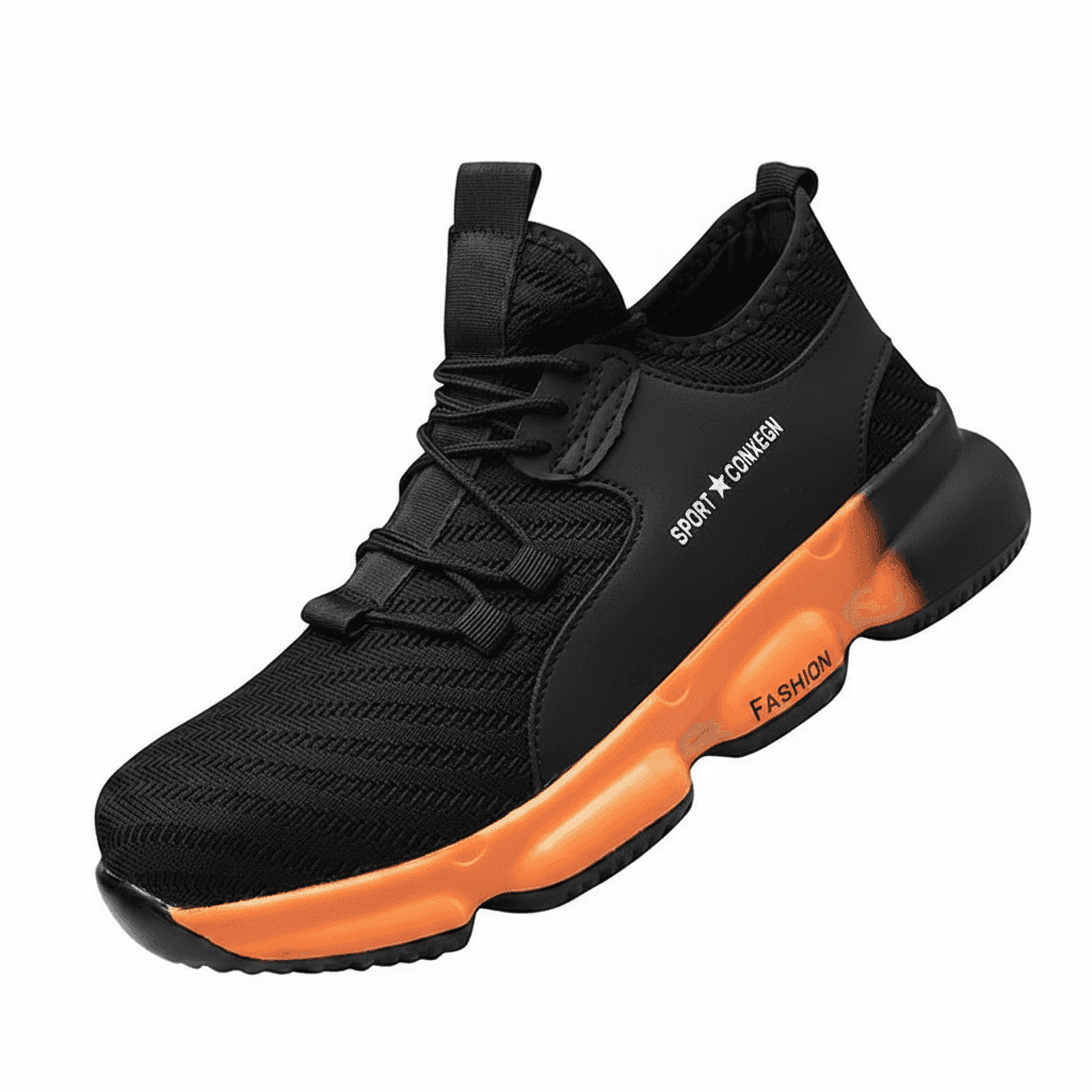 Men's Safety Shoes, a pair of black work boots with yellow accents.