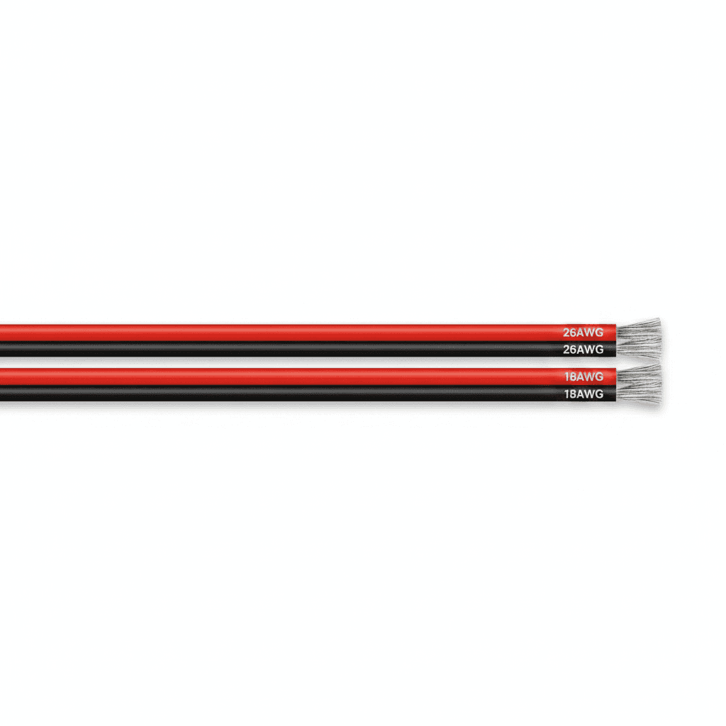 Black and red 2-pin silicone cable with tinned copper conductors, available in 16 to 28 AWG sizes for DIY electronics and automotive LED projects.