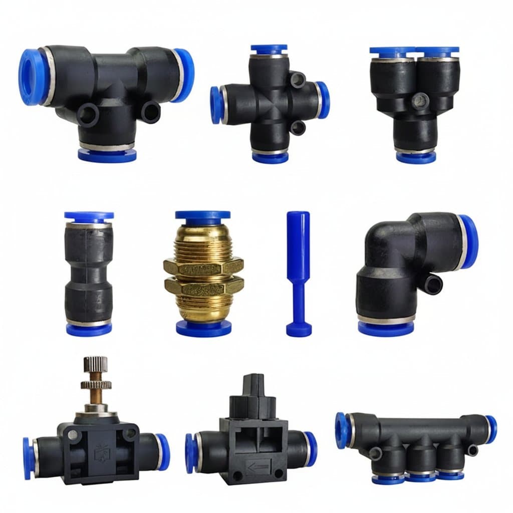 Push-to-connect pneumatic fitting for 4mm to 14mm air and water hose, brass connector with polyurethane tube.