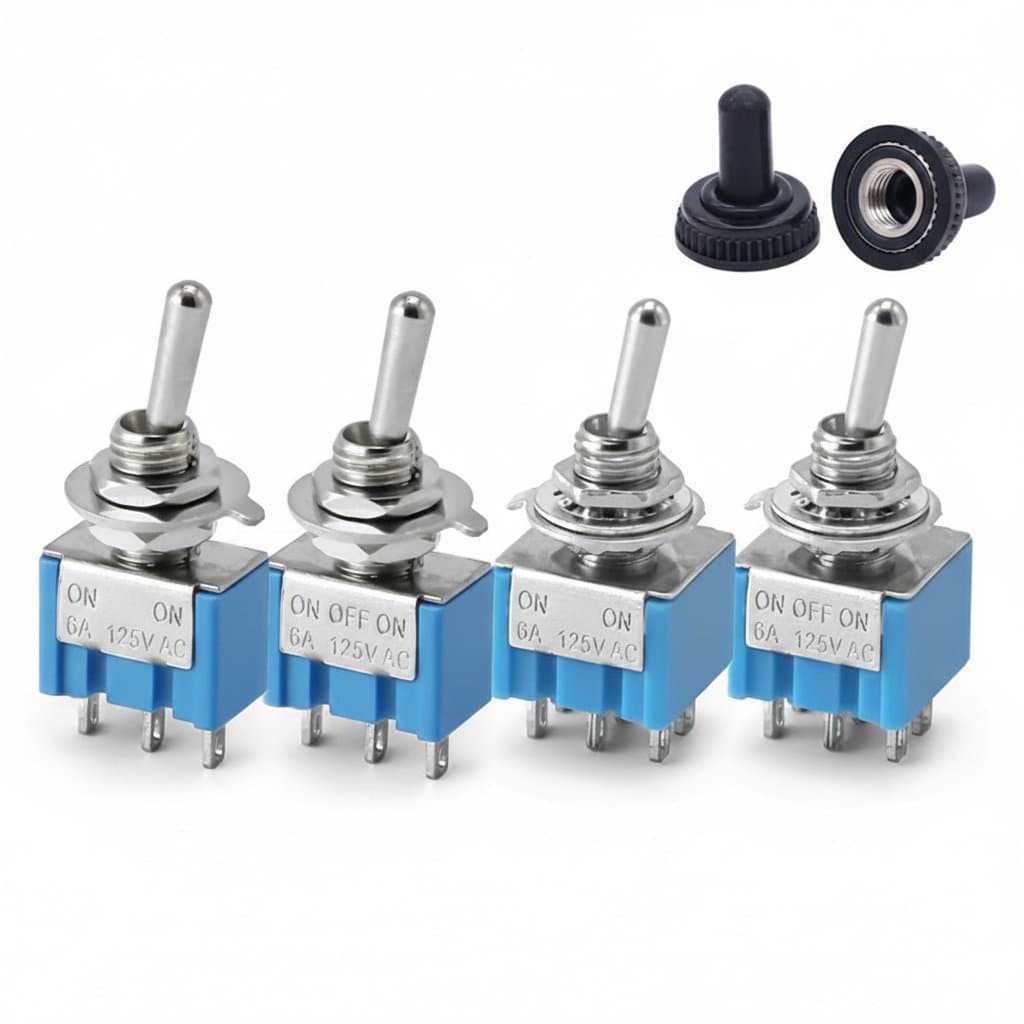 ON-OFF-ON and ON-ON miniature toggle switches in a 10-piece set, featuring durable metal levers and compact black bodies for electronics projects.