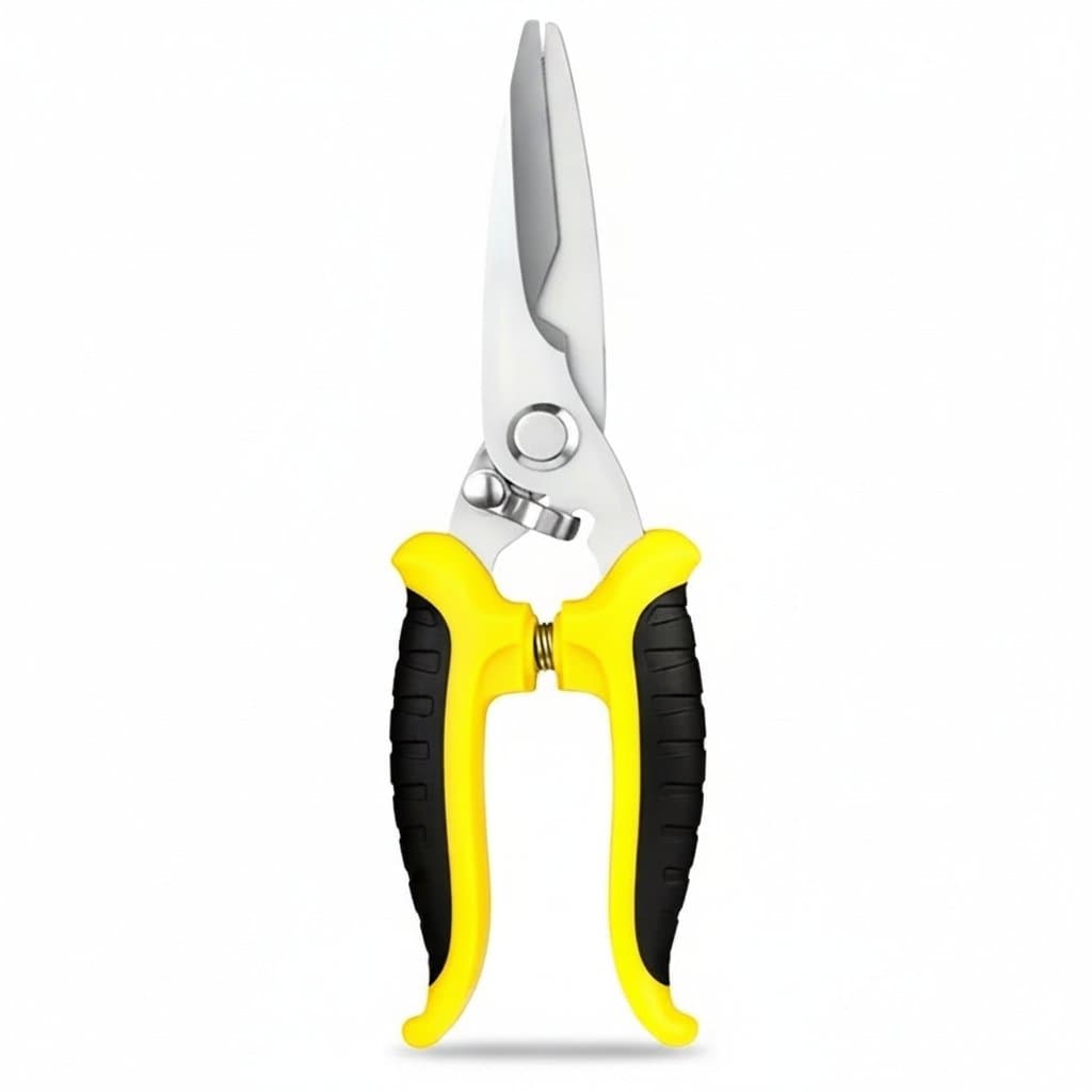 Stainless steel electrician scissors with multifunction shears for cutting wire, cable, and thin steel plate in a hand tools workshop.