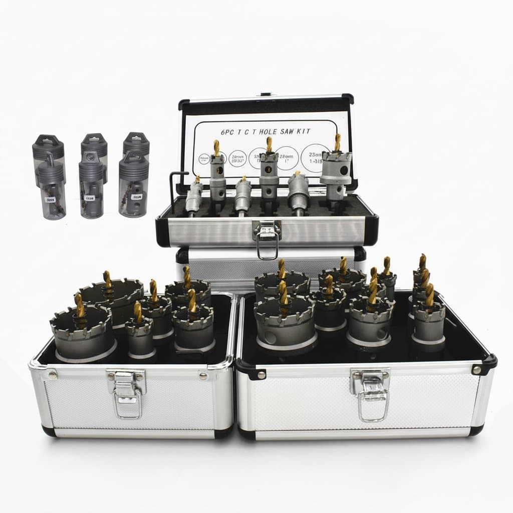 6-piece set of TCT hole saw drill bits for metal, ranging from 16mm to 65mm, for cutting stainless steel and thick plate.