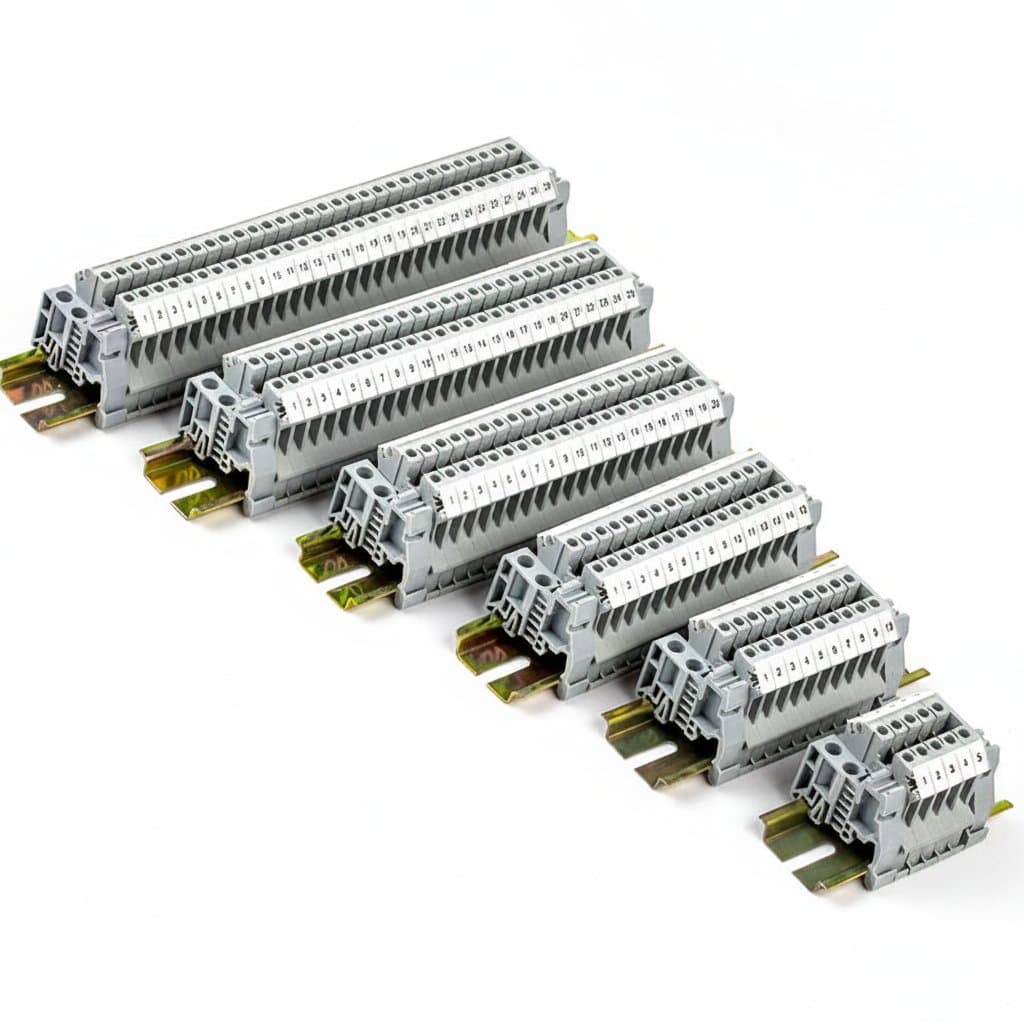 UK2.5B DIN rail mounted screw terminal block strip for secure electrical connections in home wiring and DIY projects.