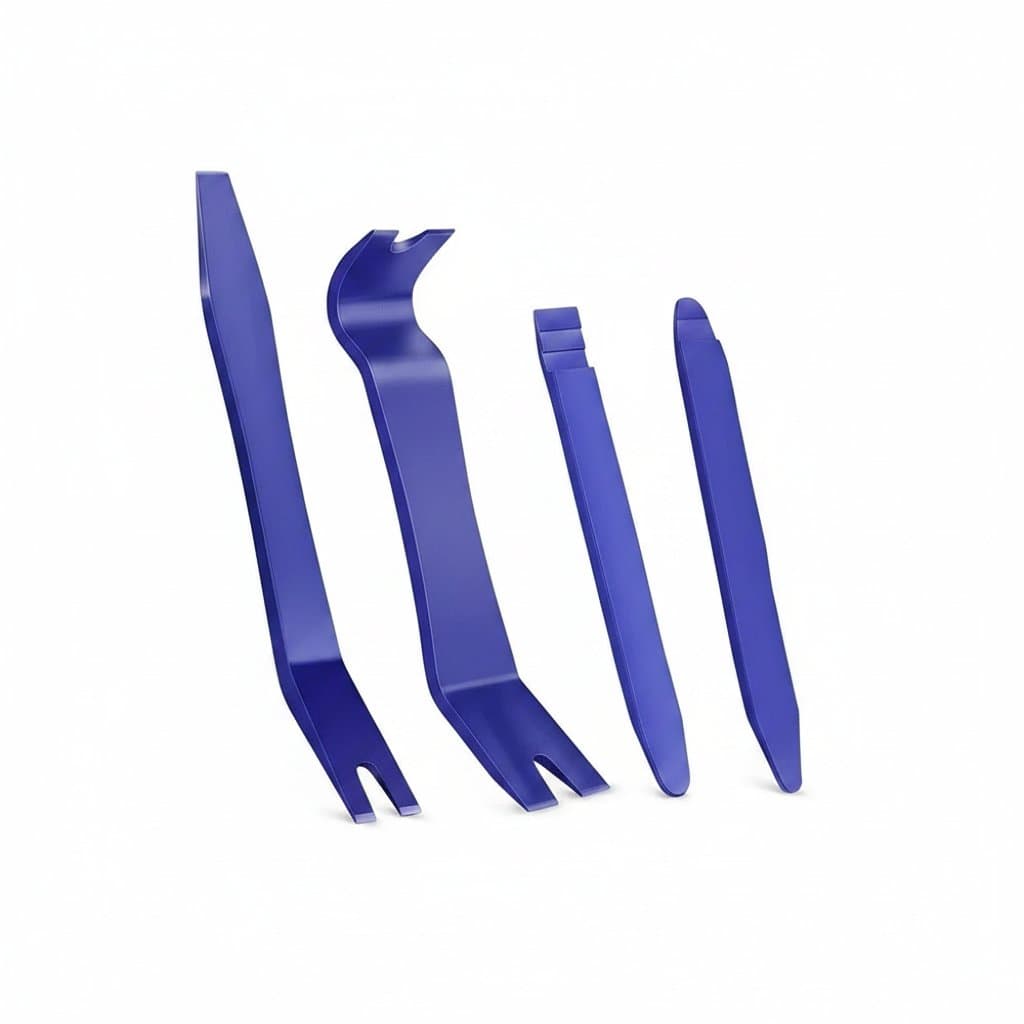 Automotive door clip and panel trim removal tool kit for prying and disassembling car audio systems, navigation units, and interior trim.