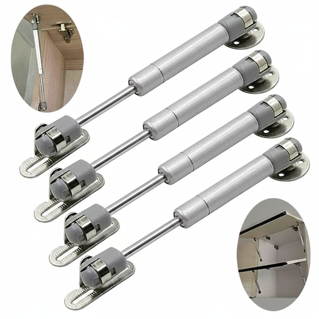Two or four furniture hinges with pneumatic hydraulic gas spring support in various force ratings (20-200N) for cabinet doors.