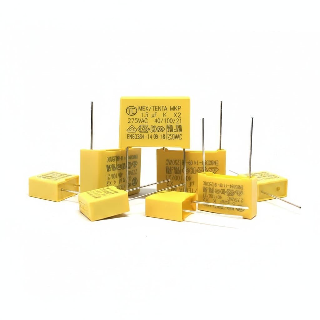 10-pack of 275VAC X2 safety capacitors for EMI suppression, featuring polypropylene film construction in various capacitances from 0.022 to 2.2 UF.