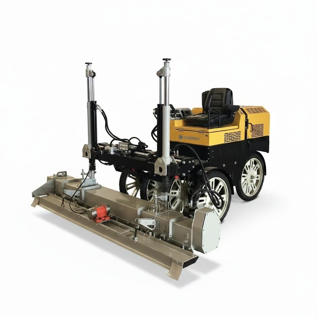 Ride on concrete laser screed machine leveling a large industrial floor slab with precision laser guidance for flatness.