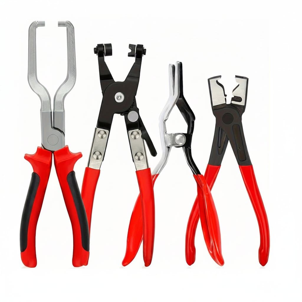 Professional 4PCS Hose Clamp Pliers Set for auto repair, featuring labor-saving design to remove fuel line and filter clamps.