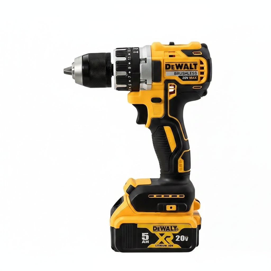 DEWALT DCD796 20V Max brushless cordless drill driver with battery and charger, shown on a workbench.