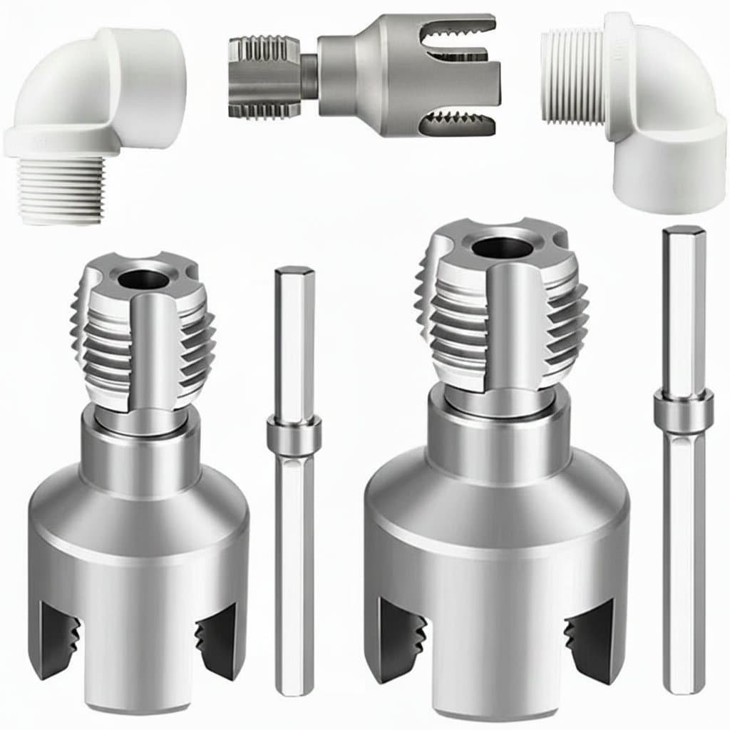 Premium electric drill-compatible pipe threader kit for cutting internal and external threads on PVC pipes, shown with all components.
