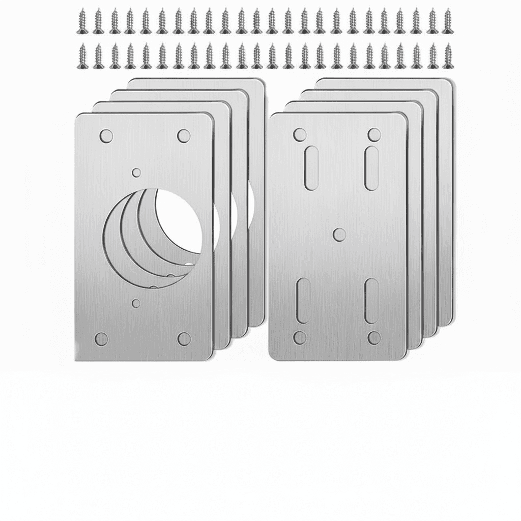 Stainless steel cabinet hinge repair plate kit with pre-drilled holes for fixing damaged mounting areas on kitchen cabinets and furniture.