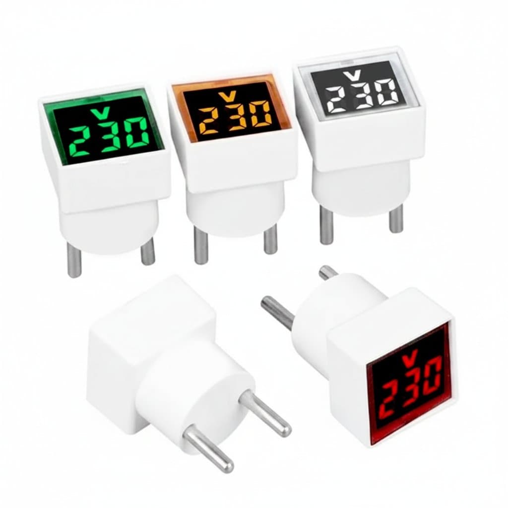 Digital AC Voltmeter with Euro plug, measuring voltage from 50 to 500 volts for home or workshop electrical testing.