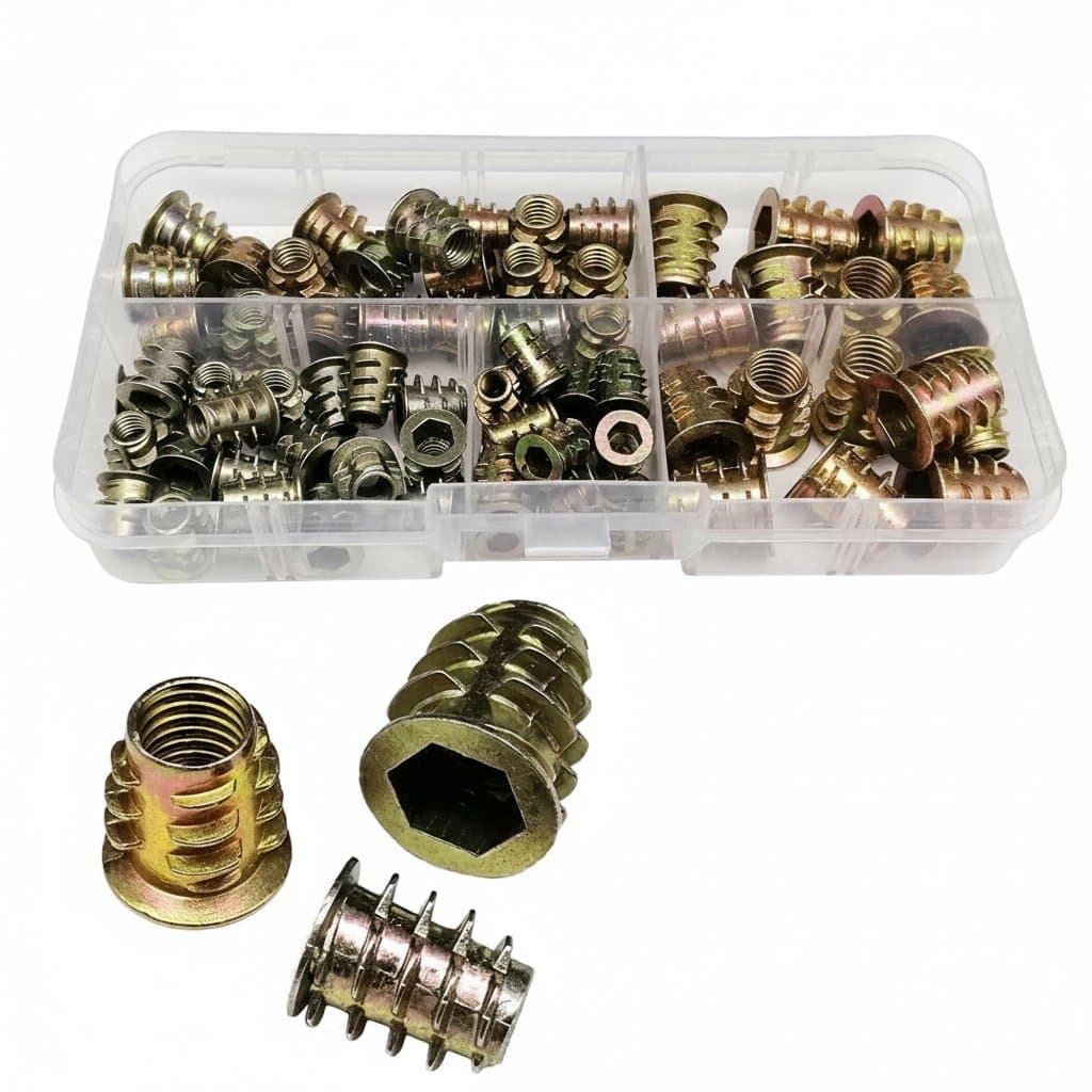 Set of threaded insert nuts (E-nuts) in M4 to M8 sizes with hex sockets, for embedding into wood furniture like beds, cabinets, and tables.