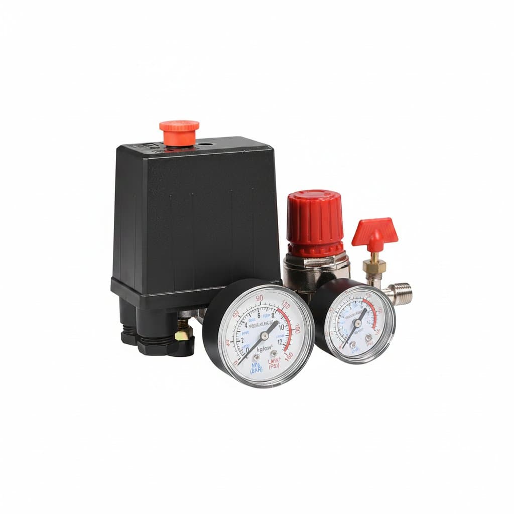 Air compressor pressure switch control valve regulator with dual gauges for precise pneumatic system pressure management.