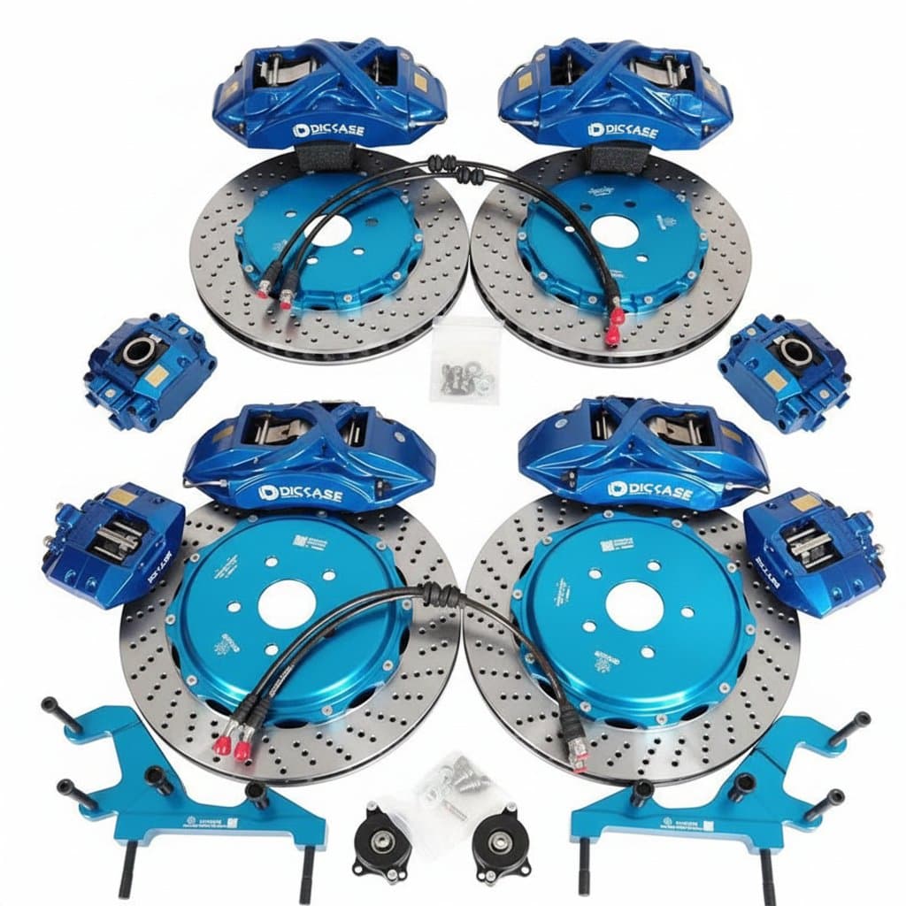 A Dicase brake aftermarket part featuring an oxidized blue drilled disc and an electronic parking brake caliper for Toyota Alphard/Camry.