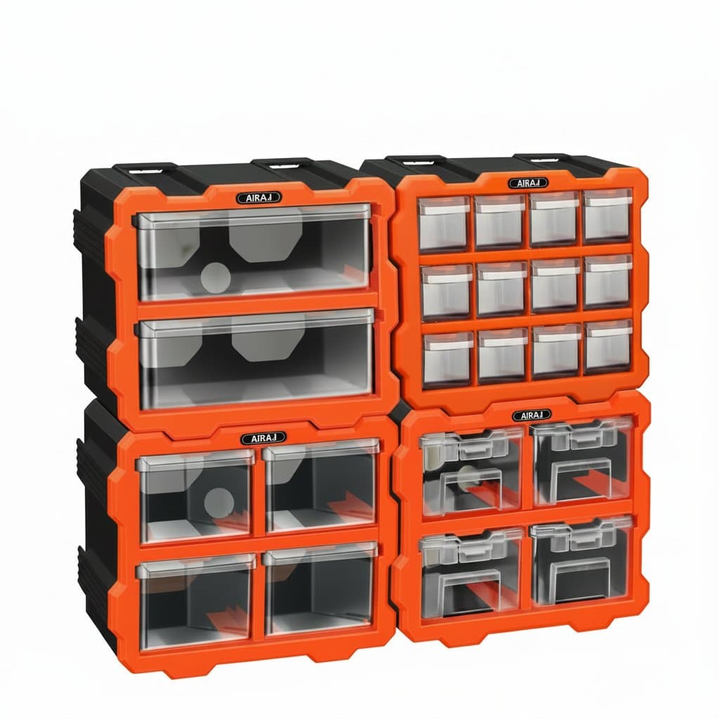 AIRAJ multi-grid drawer parts box with wall-mount option, for screw classification and electronic component storage.