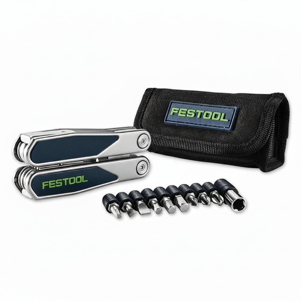 Festool MT-FT1 multi-tool pliers with integrated stainless steel screwdrivers and knife, a compact hand tool for various tasks.