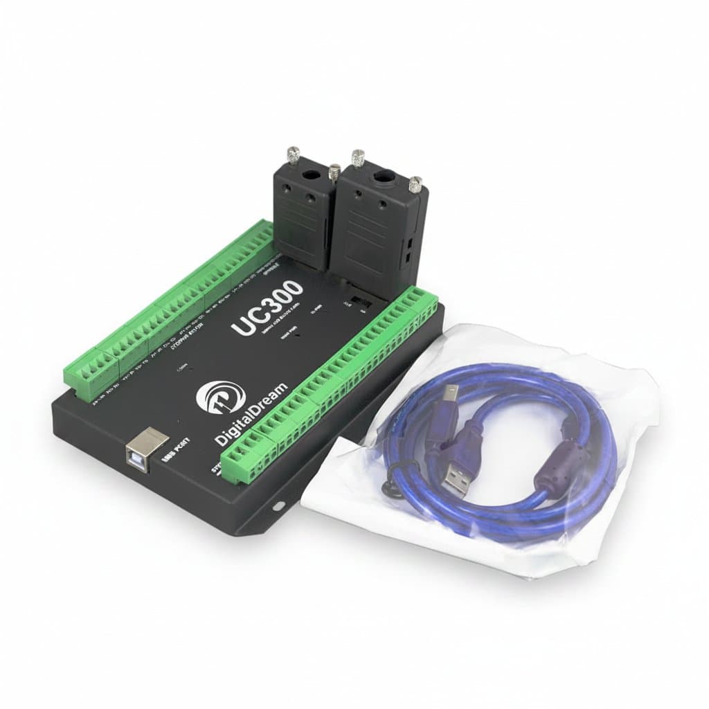 Aubalasti UC300 USB CNC motion controller for Mach3, featuring 3 to 6 axis motion control for CNC milling machines and lathes.