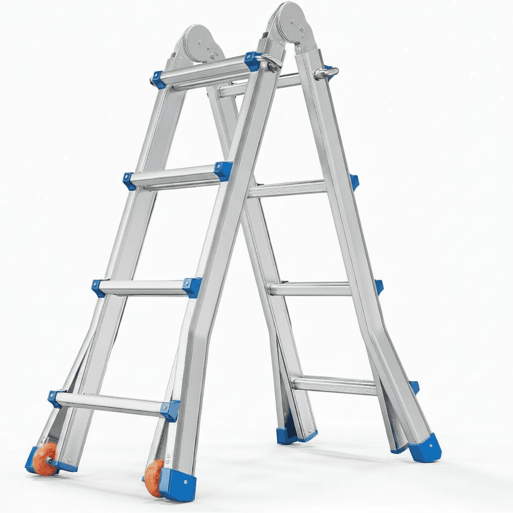 A telescoping 4-step ladder with 17-foot reach, featuring multi-position folding, flared legs, and wheels for versatile indoor use.