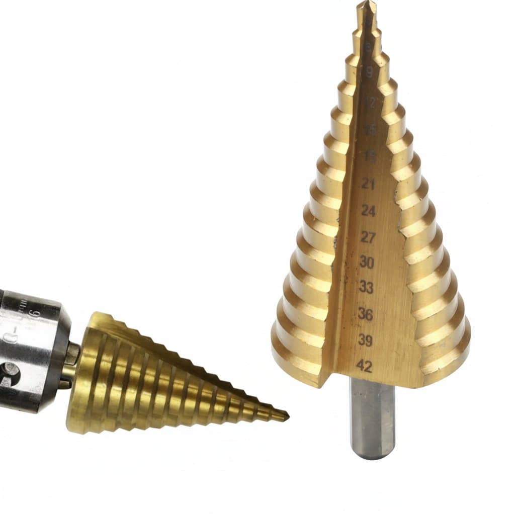 HSS titanium coated step drill bit for metal and wood, sizes 4-32mm or 4-42mm, a professional high-speed steel hole cutter tool.