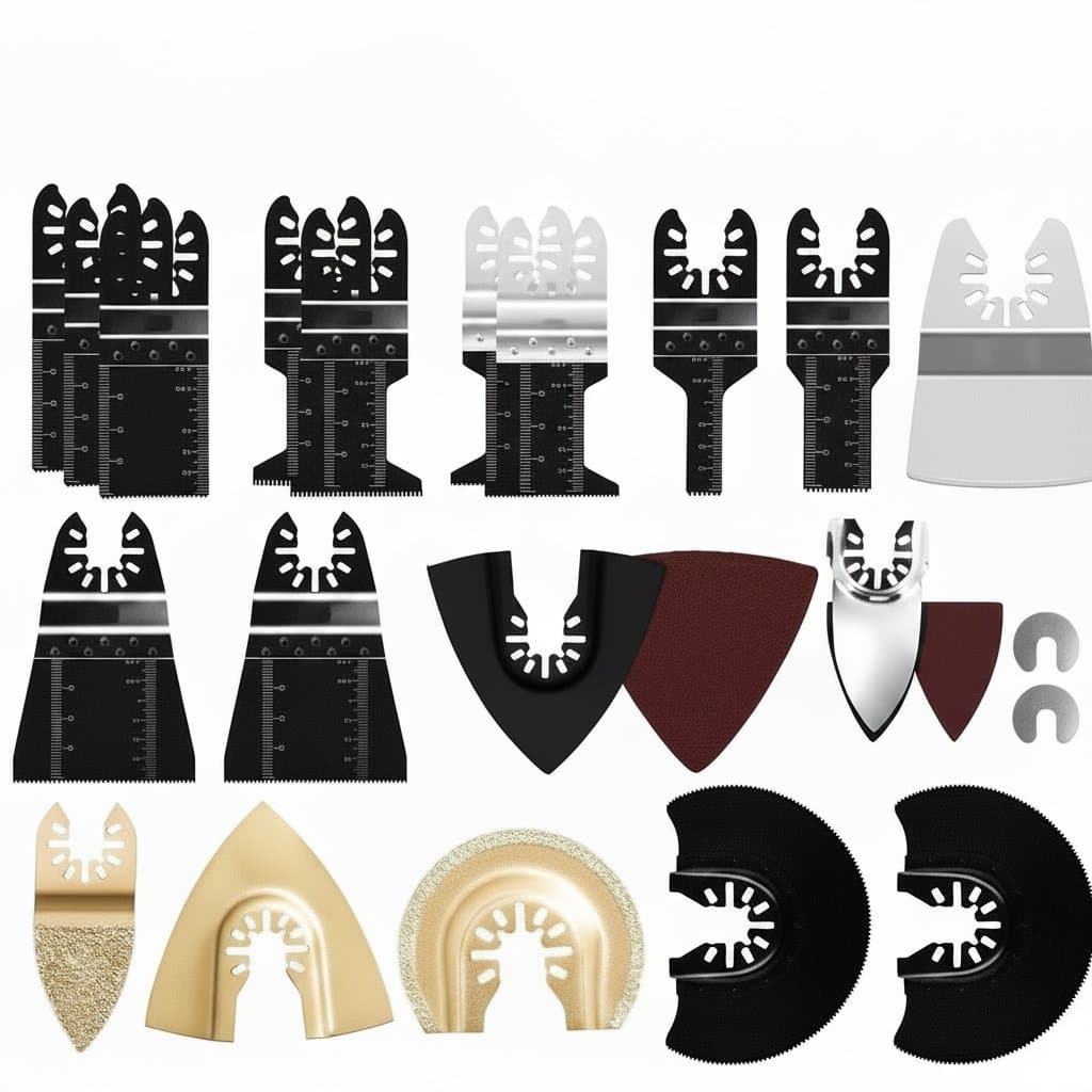 81-piece oscillating multi-tool blade set with quick-change adapter, compatible with Fein, DeWalt, Milwaukee, Makita, Bosch, and Ryobi tools.