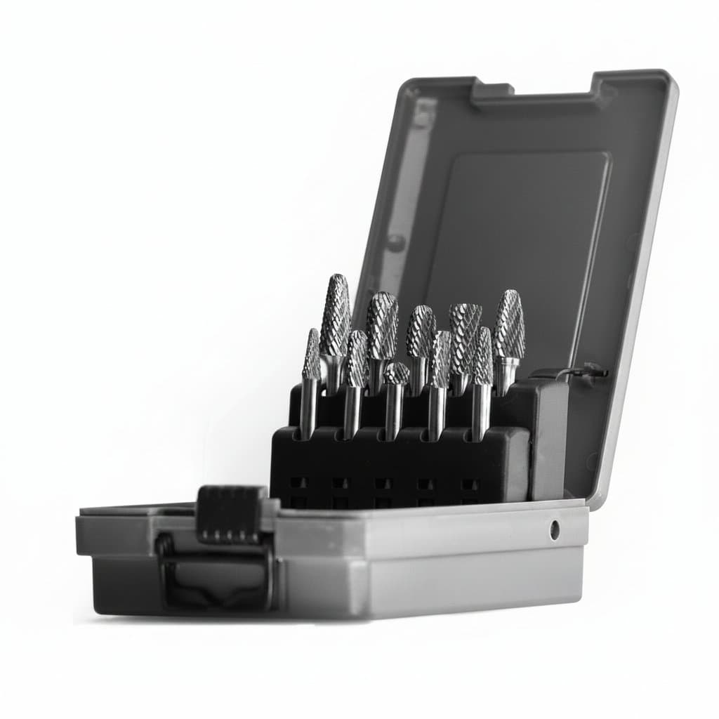 Set of tungsten carbide burrs with 6mm shank, double cut design for die grinders, suitable for metal and wood milling.