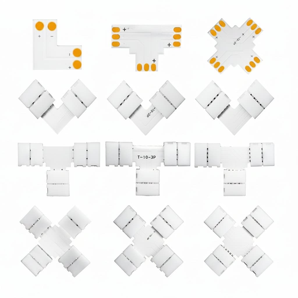Free Soldering LED Strip Connector Set in L, T, X, and corner shapes for 10mm 5050 RGB tape, includes 2PIN to 5PIN options.