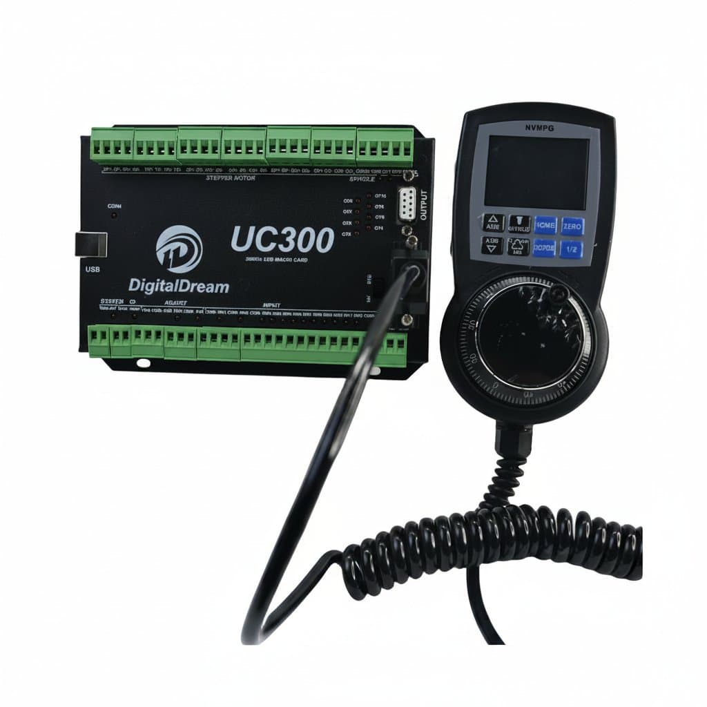 Digital Dream UC300 CNC controller kit with 4/6 axis motion control board, LCD handwheel, and wiring board for Mach3 software.