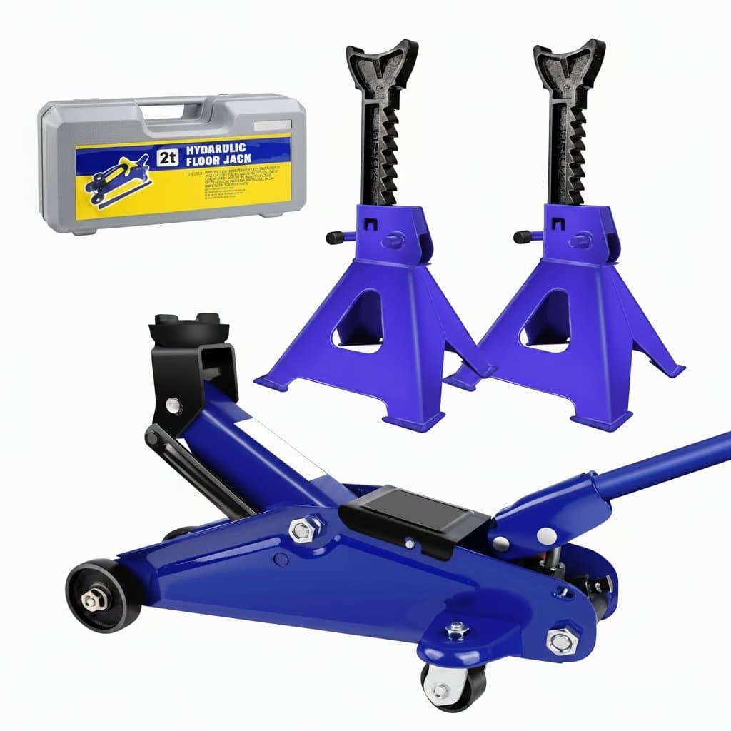 2 Ton Low Profile Floor Jack and 3 Ton Axle Stand Combo Set with a steel tire repair kit, displayed on a garage floor.
