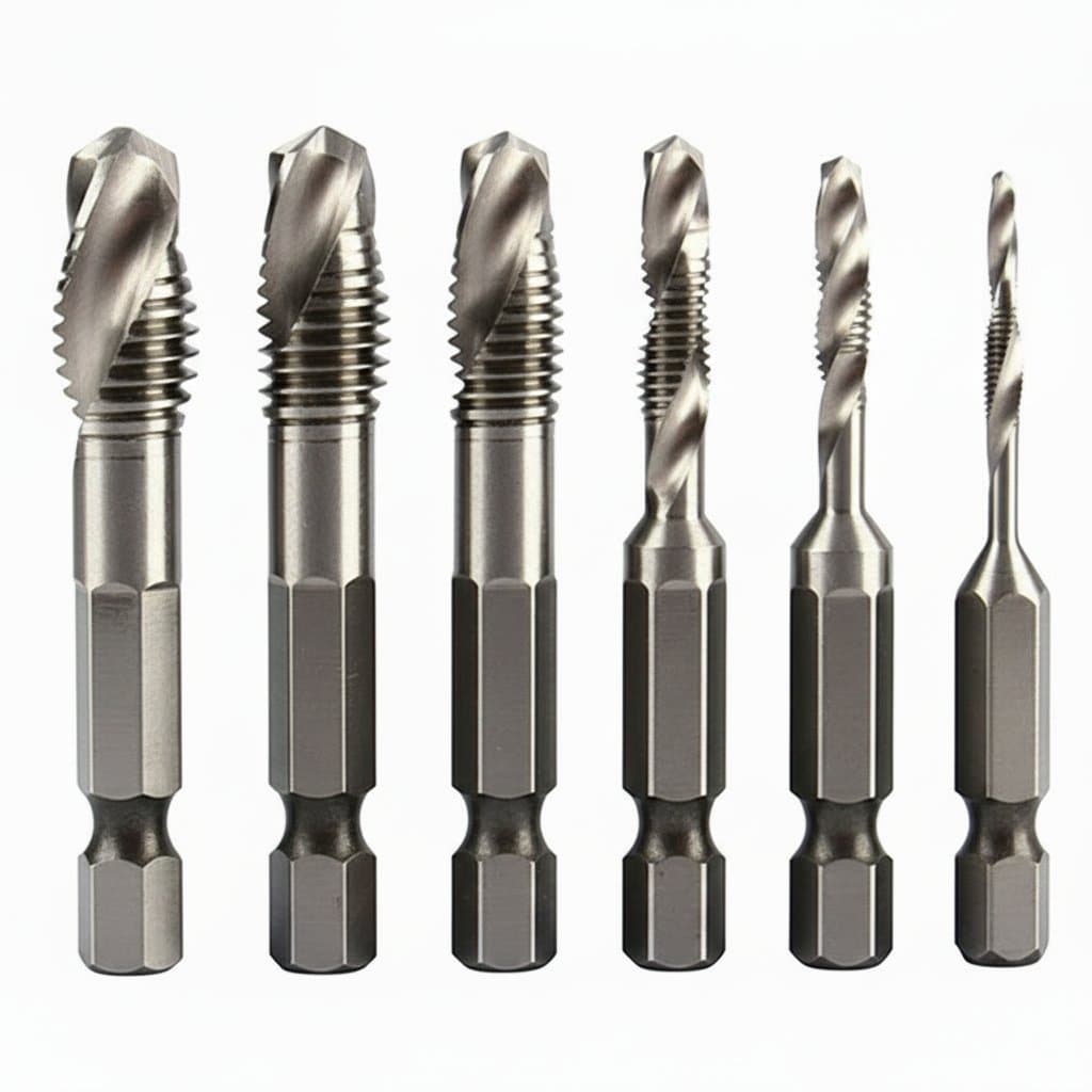 Professional 6-piece titanium plated HSS tap drill bit set with hex shanks for M3 M4 M5 M6 M8 M10 screw threads.
