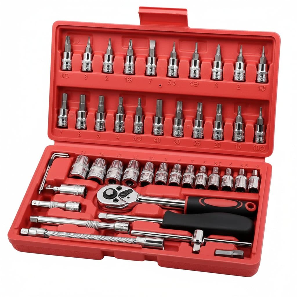 FOCSE 46-Piece 1/4-Inch Drive Socket and Ratchet Wrench Set with metric sockets, bit sockets, and extension bar for auto repair.