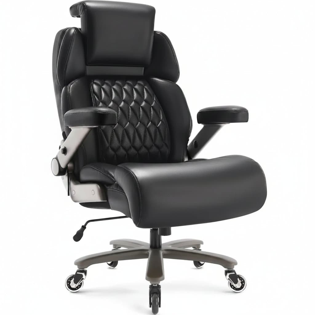 Big and tall office chair with 700lb capacity, adjustable headrest, lumbar support, 3D flip arms, and large heavy-duty wheels.