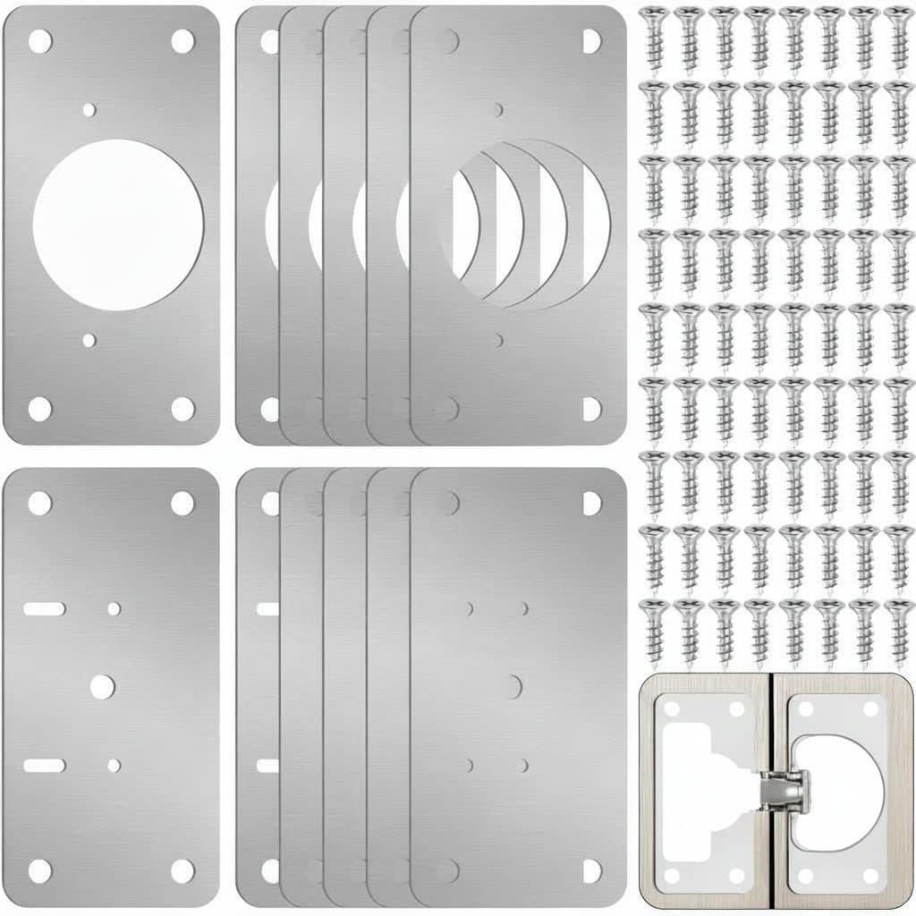 Cabinet door hinge repair plate kit with mounting brackets to fix loose or damaged hinge installations.
