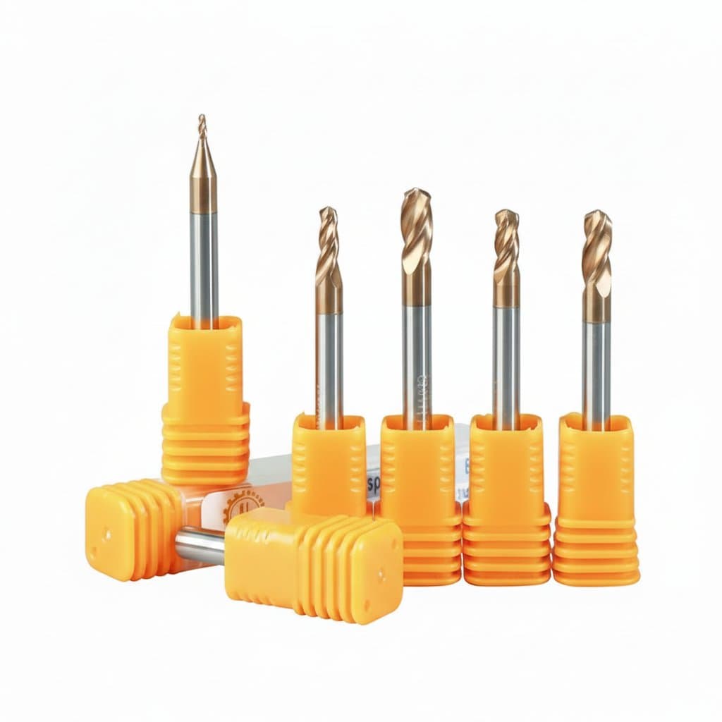 Four-flute ball nose end mill with tungsten carbide construction and HRC58 hardness for precision metal milling operations.
