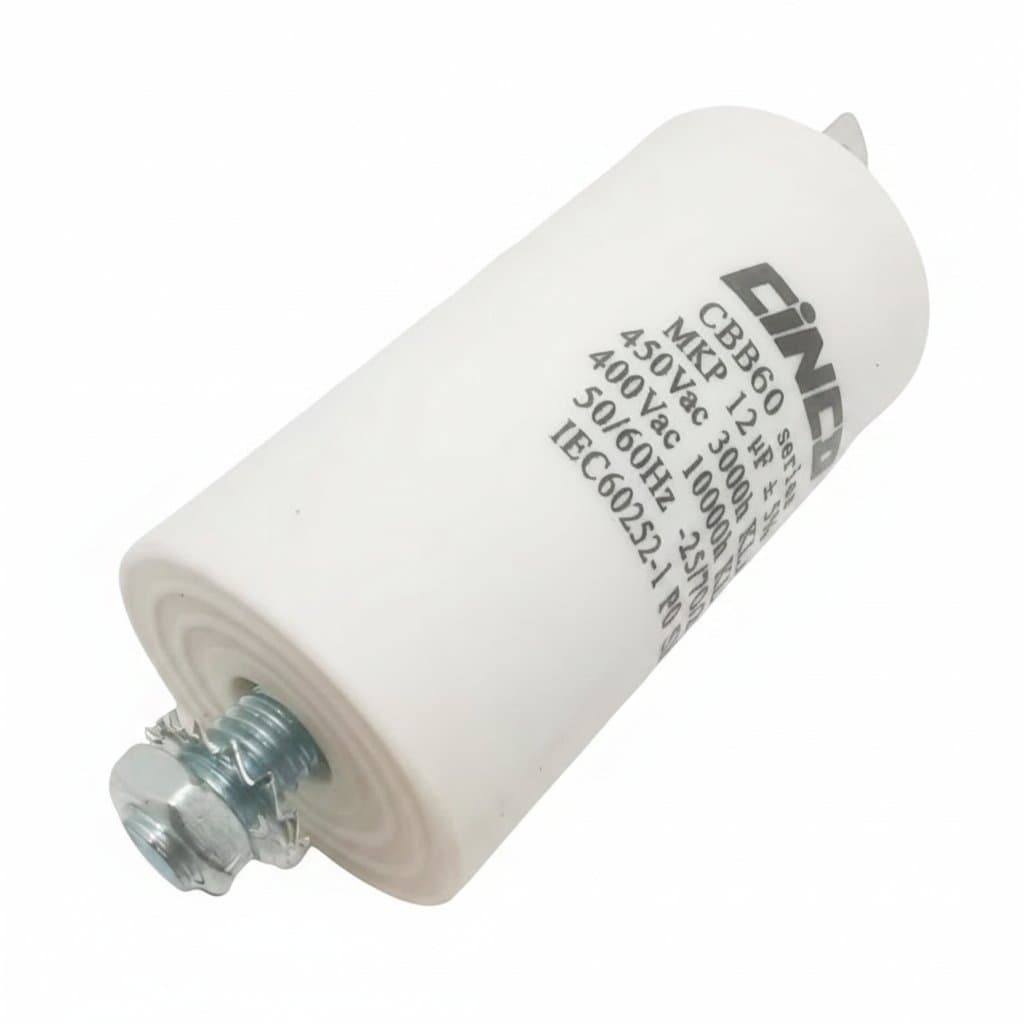 CBB60 run capacitor for motors, 12UF to 35UF, with durable metal casing and insulated terminals for air compressor and water pump applications.