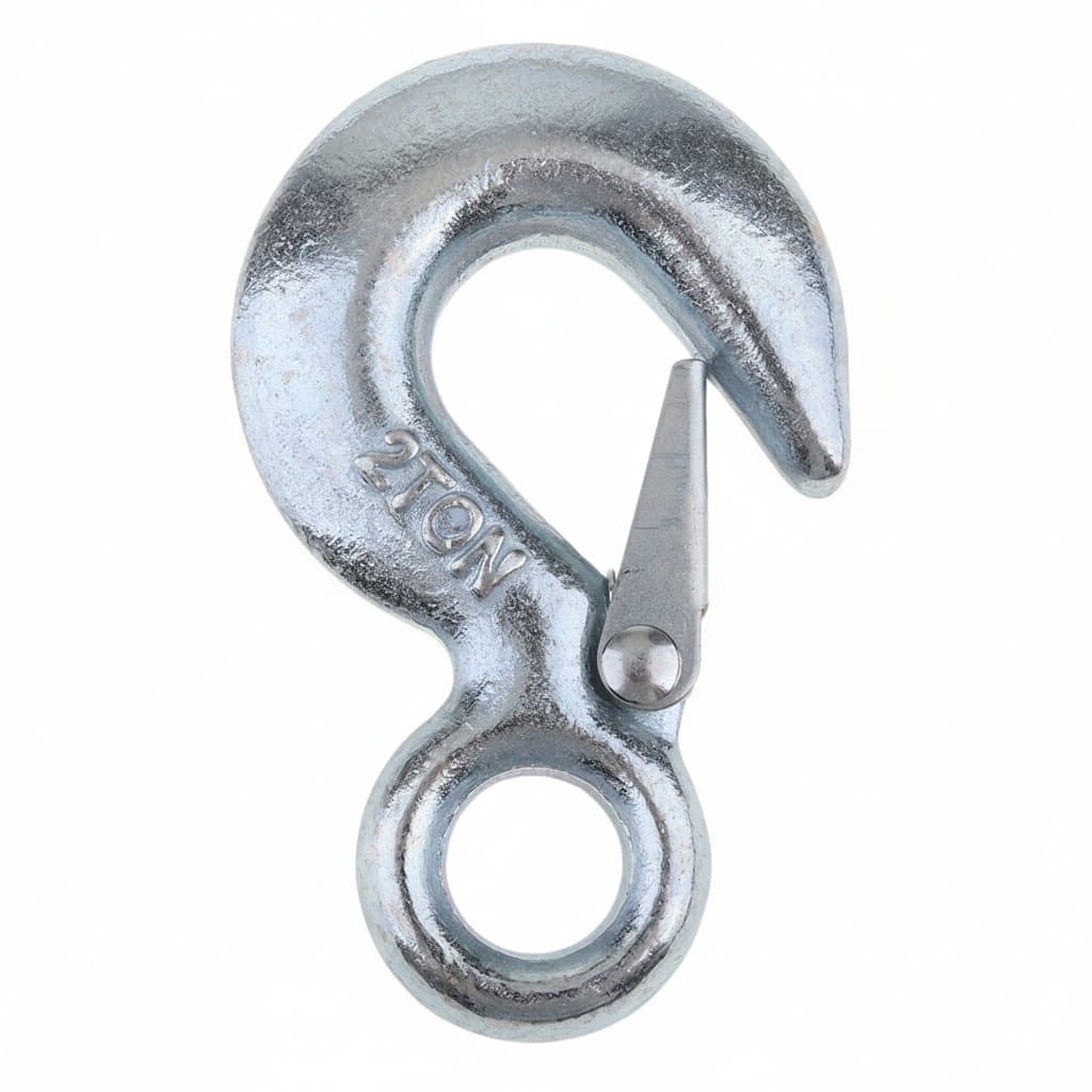 2-ton eye sling winch hook with clevis safety latch for hoist and lifting slings, featuring durable forged steel construction.