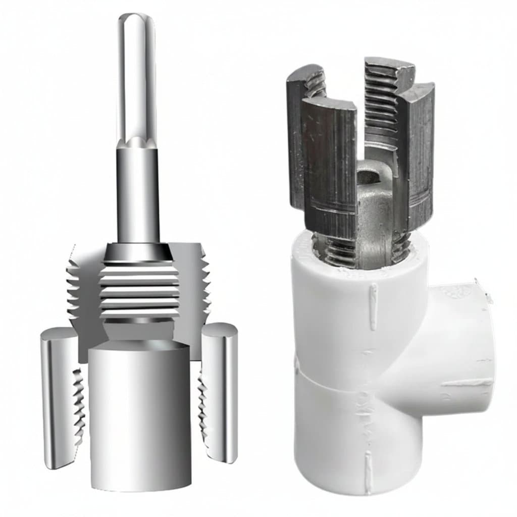 Professional pipe threading tool with detachable hex shank dies for creating 1/2-inch and 3/4-inch internal and external threads on PPR, PVC, and MPP water pipes.