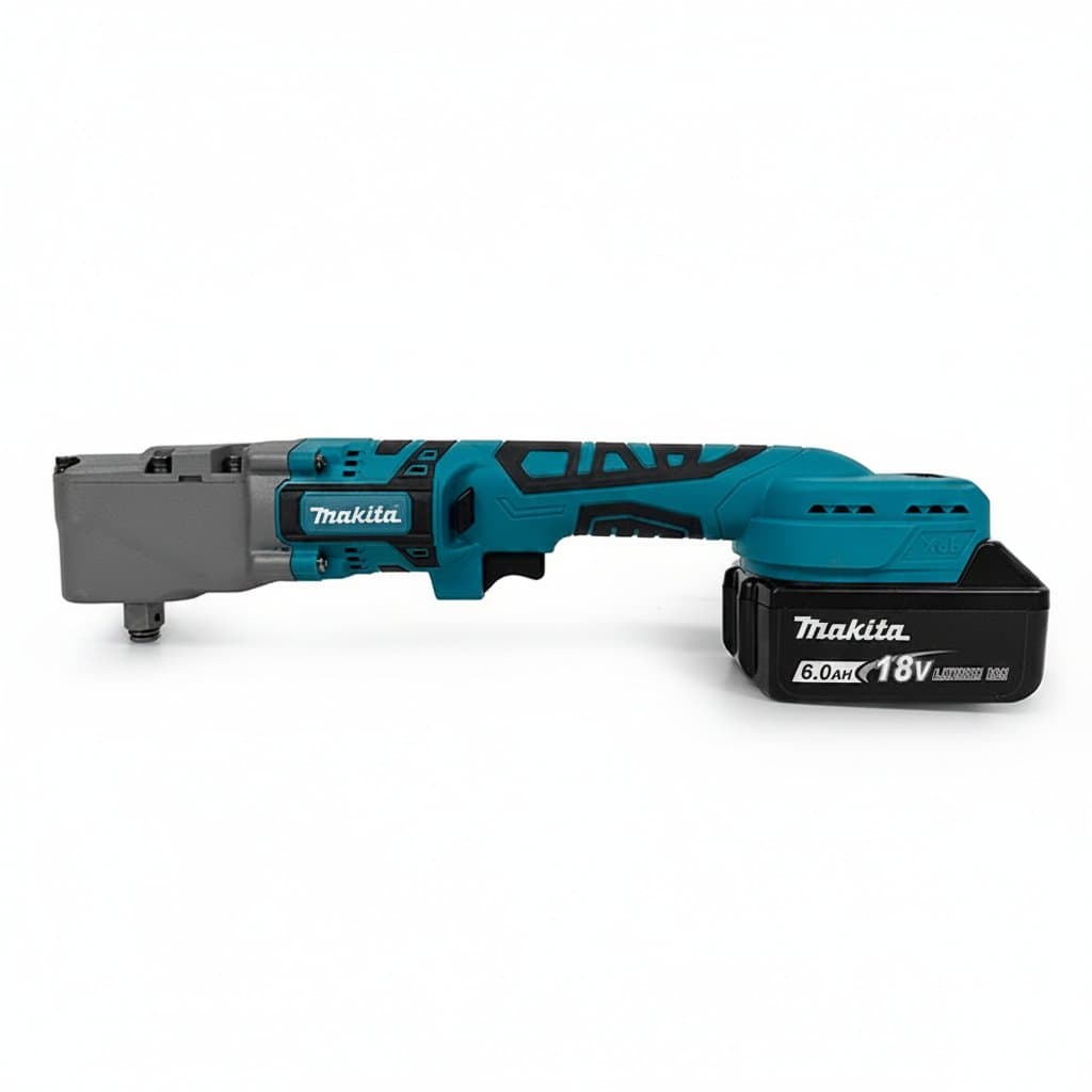 Makita 18V cordless right angle impact wrench with a 90-degree head, perfect for tight spaces, shown with battery.