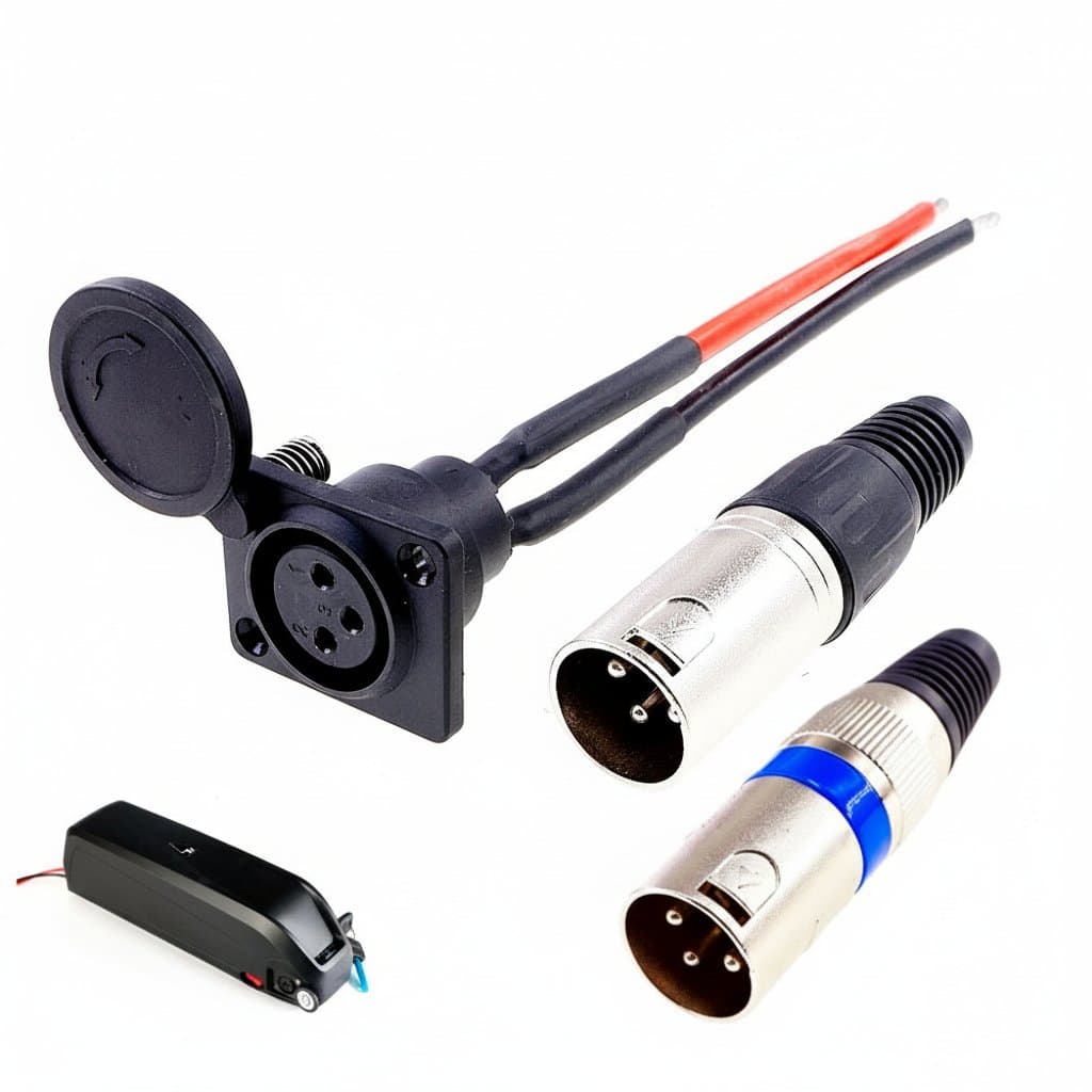 3-Pin XLR battery charger port adapter plug with inline socket for e-wheelchair and electric scooter power connections.