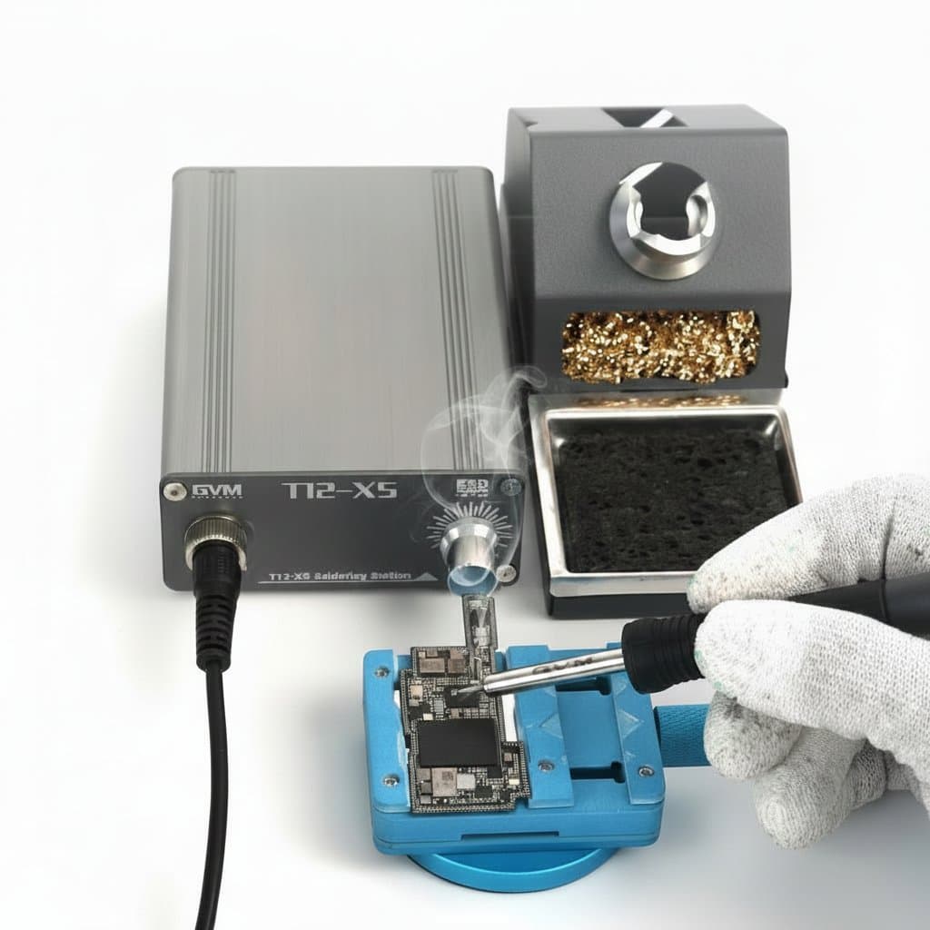 GVM T12-XS Intelligent Soldering Station with LED digital display, automatic sleep mode, and T12 handle for precision electronics repair.