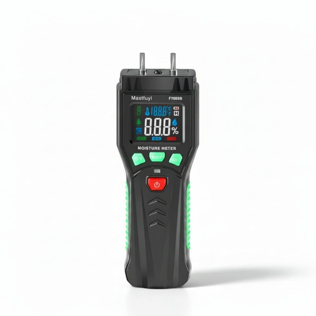 2-in-1 Digital Wood Moisture Meter with pin and pinless modes for 0-99.9% damp detection, featuring a clear LCD screen.