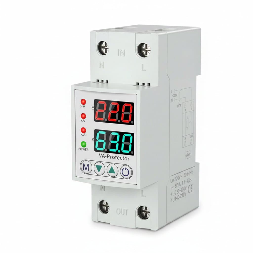 Digital display over under voltage protective device with circuit breaker, showing 40A/63A rating for 220V household electrical protection.