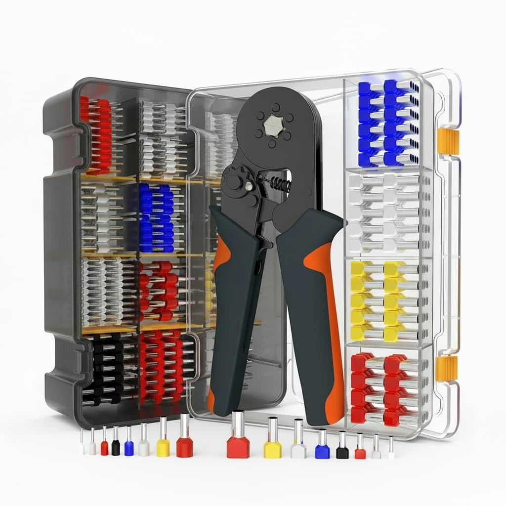 Hexagonal self-adjustable ratchet crimping tool kit for ferrules, includes crimper for 23-7AWG wires and sleeves.