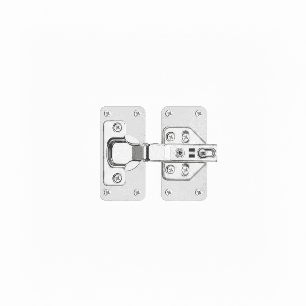 Stainless steel hinge repair plates for mounting and fixing cabinet doors and furniture hinges.