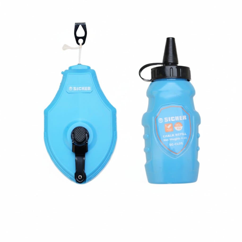 Chalk line reel set with a blue powder bottle, featuring a yellow reel, perfect for construction and woodworking.