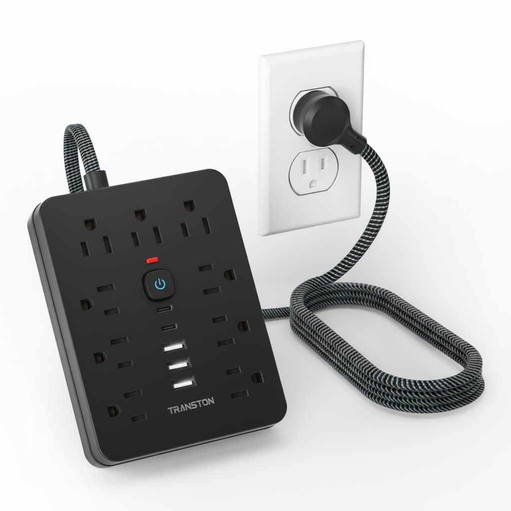 TRANSTON premium power strip with 9 AC outlets, 3 USB-A and 2 USB-C ports, featuring a 5ft black braided cable and 45-degree angled plug.