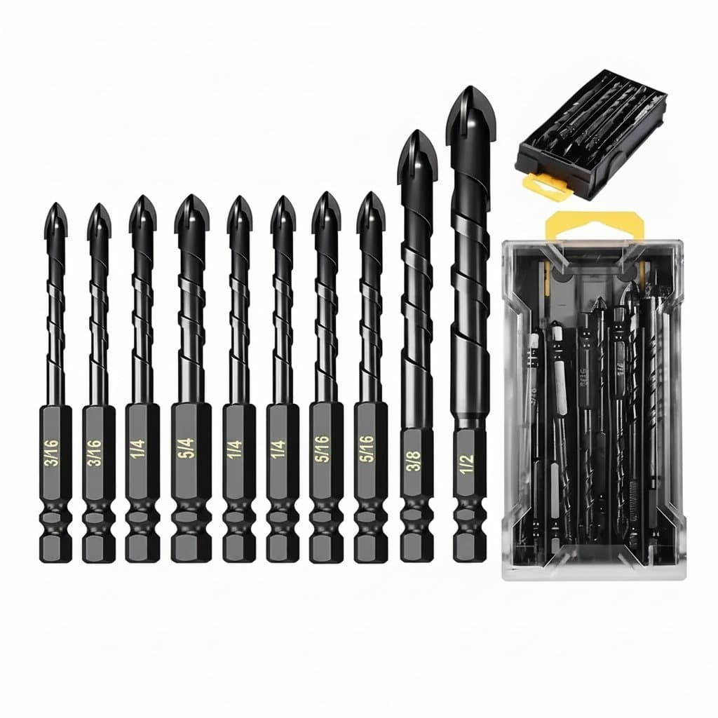 10-piece masonry drill bit set with tungsten carbide tips for tile, brick, glass, plastic, and wood drilling applications.