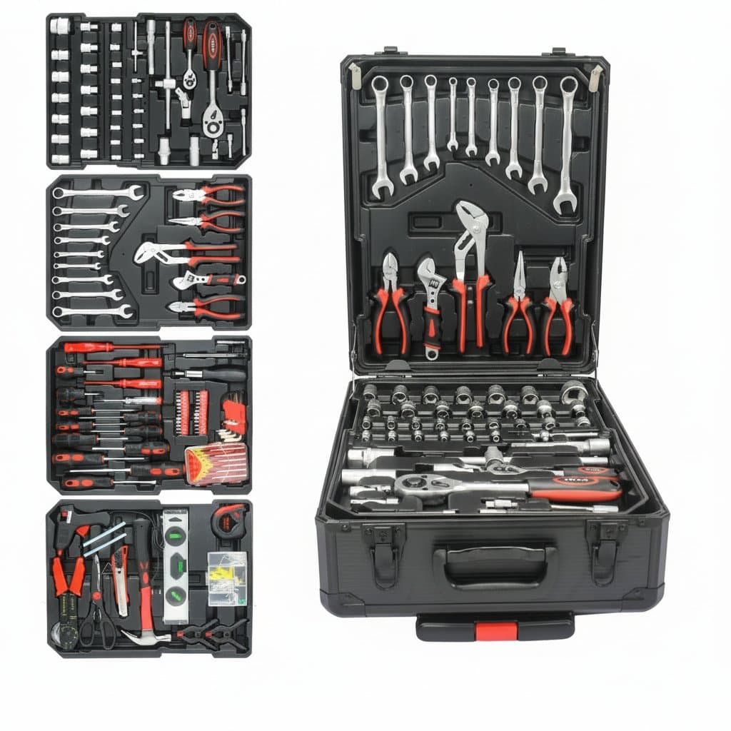 899-piece comprehensive tool set with rolling toolbox, featuring sockets, wrenches, and auto repair tools in a black steel case.