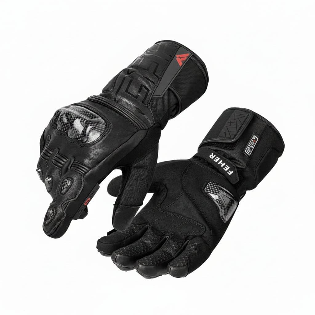 Winter motorcycle gloves with touchscreen leather, waterproof design, carbon fiber finger joints for warmth and protection.
