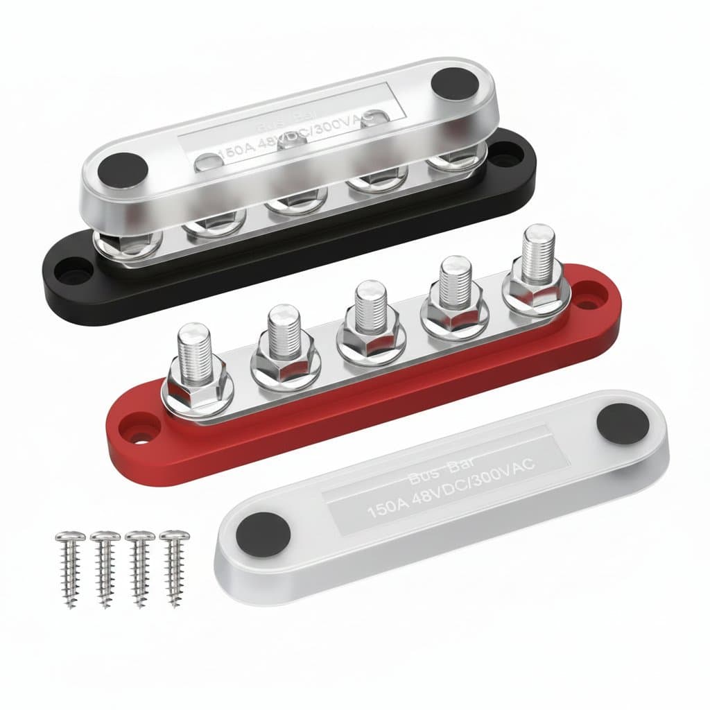 DaierTek 12V power distribution bus bar with cover, featuring five 1/4-inch stud terminals for organized marine or automotive wiring.